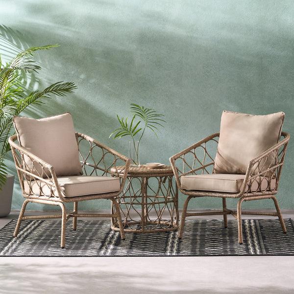 Gdf Studio Colmar Outdoor Wicker 3 Piece Chat Set With Cushions Light Brown And Beige