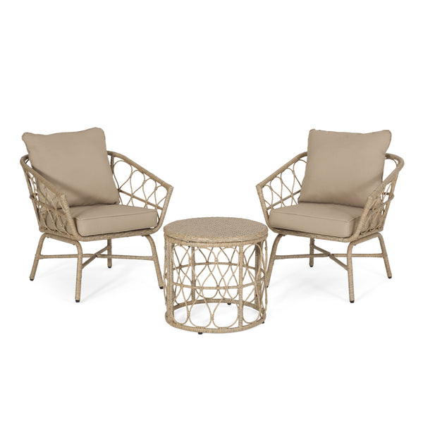 gdf studio Colmar Outdoor Wicker 3 Piece Chat Set with Cushions Light Brown and Beige
