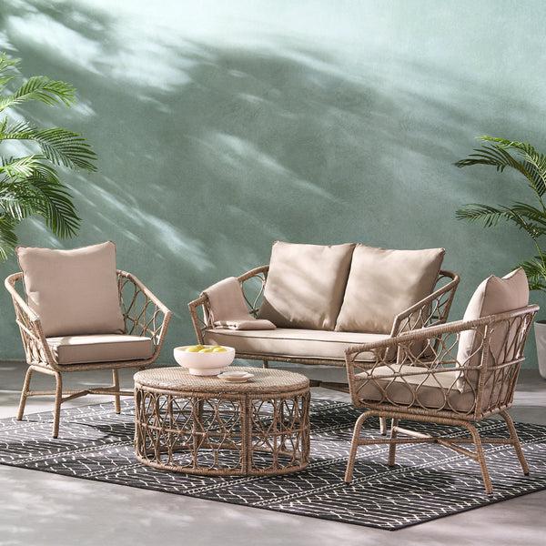 Gdf Studio Colmar Outdoor Wicker 4 Seater Chat Set With Cushions Light Brown And Beige
