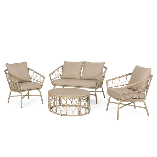 gdf studio Colmar Outdoor Wicker 4 Seater Chat Set with Cushions Light Brown and Beige
