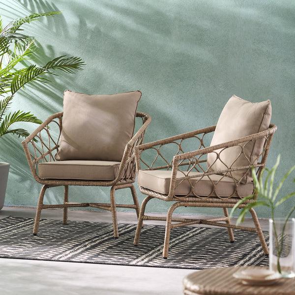 Gdf Studio Colmar Outdoor Wicker Club Chairs With Cushions Set Of 2 Light Brown And Beige