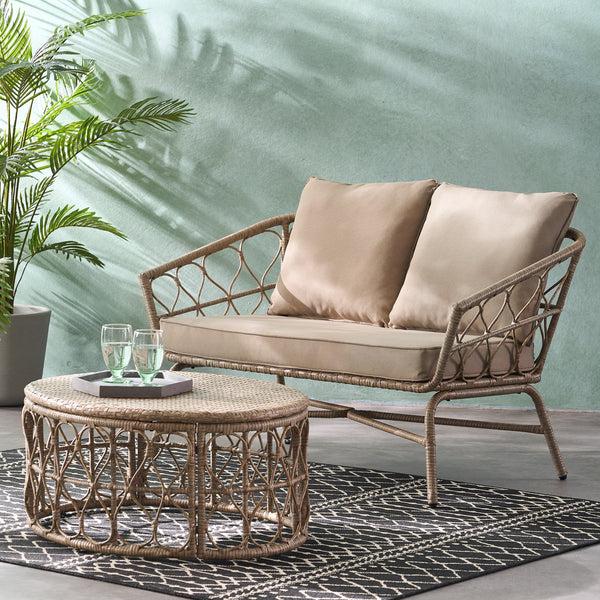 Gdf Studio Colmar Outdoor Wicker Loveseat And Coffee Table Set Light Brown And Beige