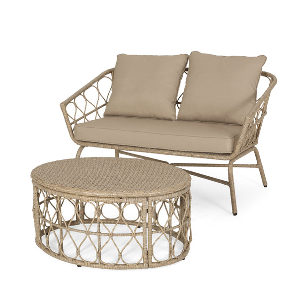gdf studio Colmar Outdoor Wicker Loveseat and Coffee Table Set Light Brown and Beige