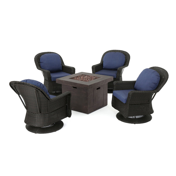 gdf studio Colorado Outdoor 5 Piece Dark Brown Wicker Chair Fire Pit Chat Set