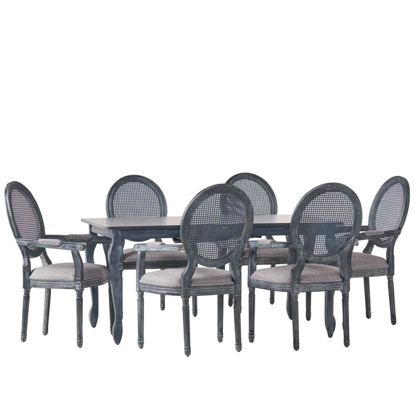 Gdf Studio Comisky French Country Fabric Upholstered Wood And Cane Expandable 7 Piece Dining Set