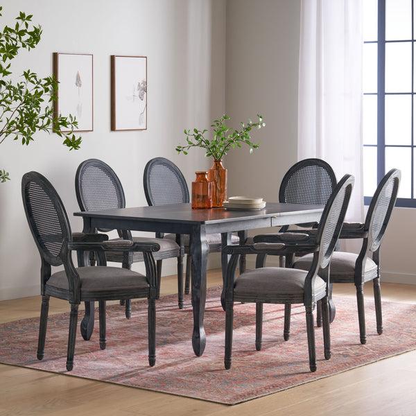 gdf studio Comisky French Country Fabric Upholstered Wood and Cane Expandable 7 Piece Dining Set