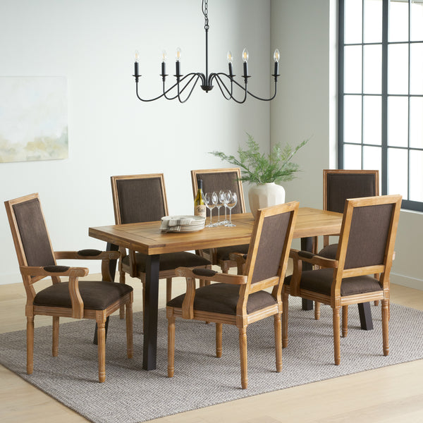 gdf studio Coniston Farmhouse Fabric Upholstered Wood and Iron 7 Piece Dining Set