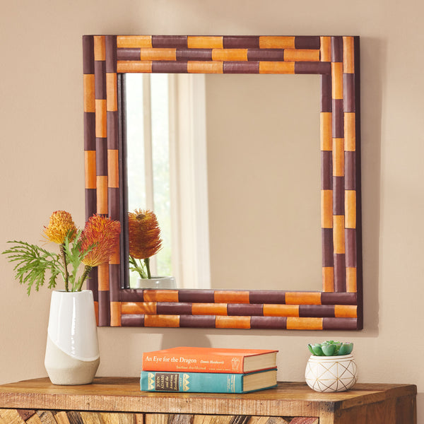 Gdf Studio Connesena Handcrafted Boho Leather Square Wall Mirror