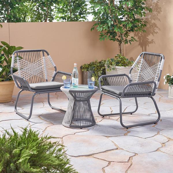 Gdf Studio Connie Outdoor 3 Piece Rope And Steel Chat Set Gray Finish And White