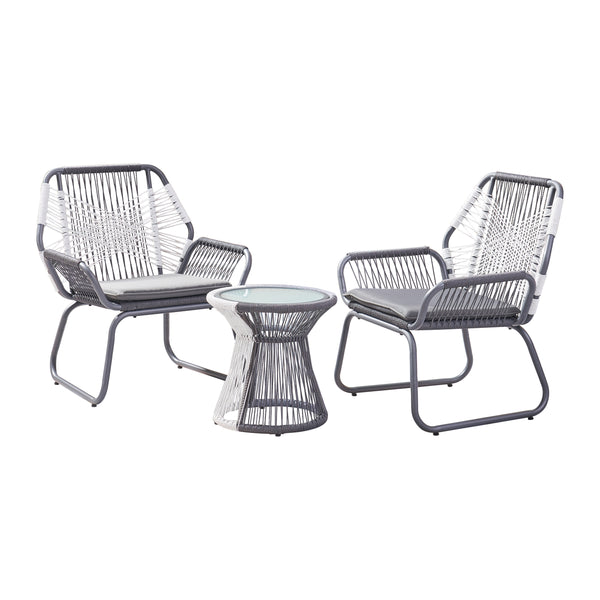 gdf studio Connie Outdoor 3 Piece Rope and Steel Chat Set Gray Finish and White