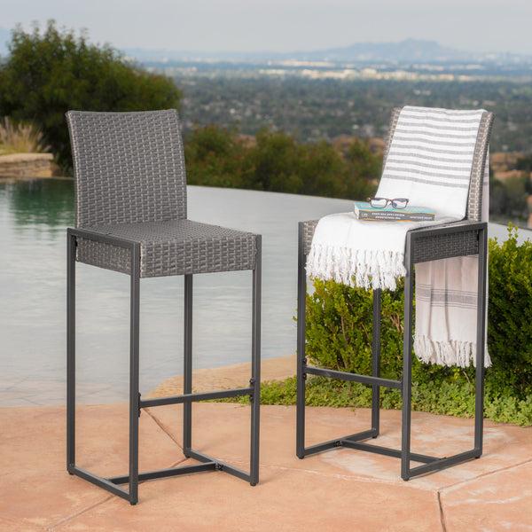 Gdf Studio Conrad Outdoor Transitional 30-Inch Gray Wicker Barstools With Metal Frame