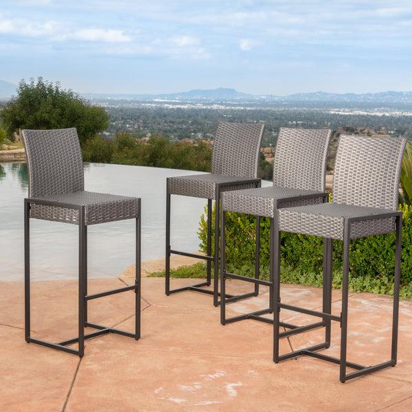 Gdf Studio Conrad Outdoor Transitional 30-Inch Gray Wicker Barstools With Metal Frame