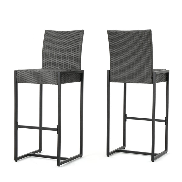 gdf studio Conrad Outdoor Transitional 30-Inch Gray Wicker Barstools with Metal Frame