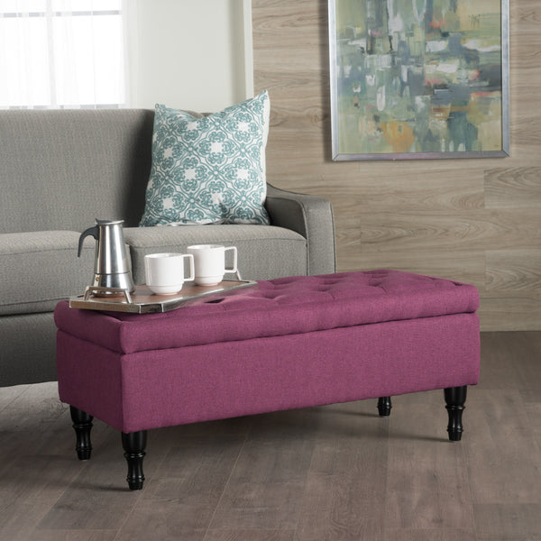 Gdf Studio Constance Button Tufted Fabric Rectangle Storage Ottoman Bench W/ Turned Legs