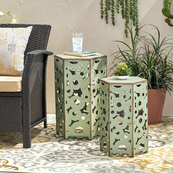 Gdf Studio Contemporary Outdoor Hexagonal Antique Iron Accent Tables (Set Of 2)