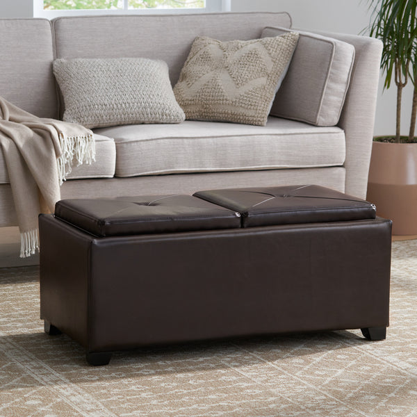 Gdf Studio Contemporary Rectangular Storage Ottoman Leather 2-Tray-Top Coffee Table