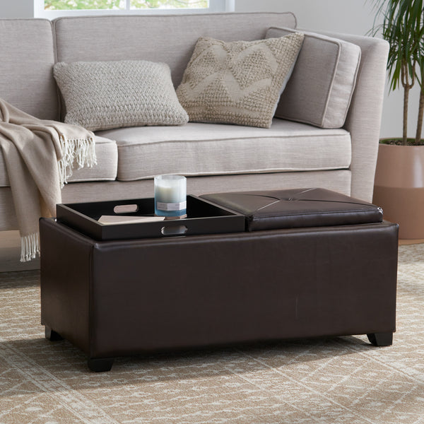 Gdf Studio Contemporary Rectangular Storage Ottoman Leather 2-Tray-Top Coffee Table