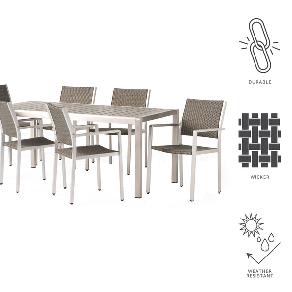 Gdf Studio Coral Bay Outdoor 7 Piece Aluminum And Wicker Dining Set With Faux Wood Table Top