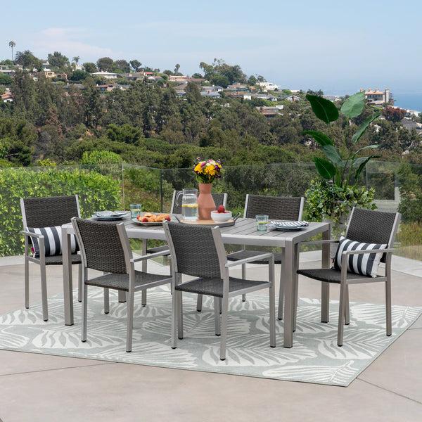 Gdf Studio Coral Bay Outdoor 7 Piece Aluminum And Wicker Dining Set With Faux Wood Table Top