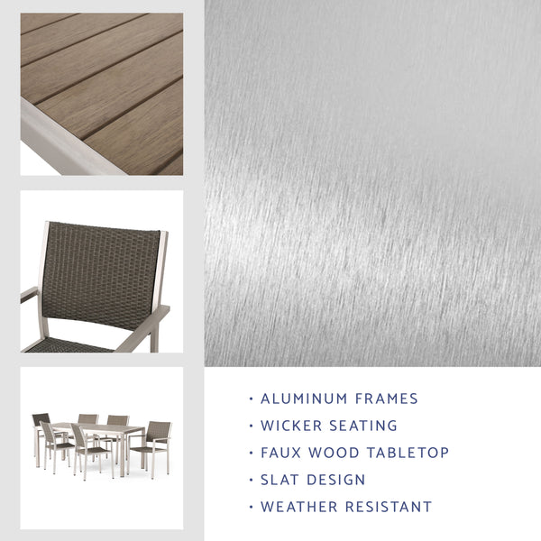 Gdf Studio Coral Bay Outdoor 7 Piece Aluminum And Wicker Dining Set With Faux Wood Table Top