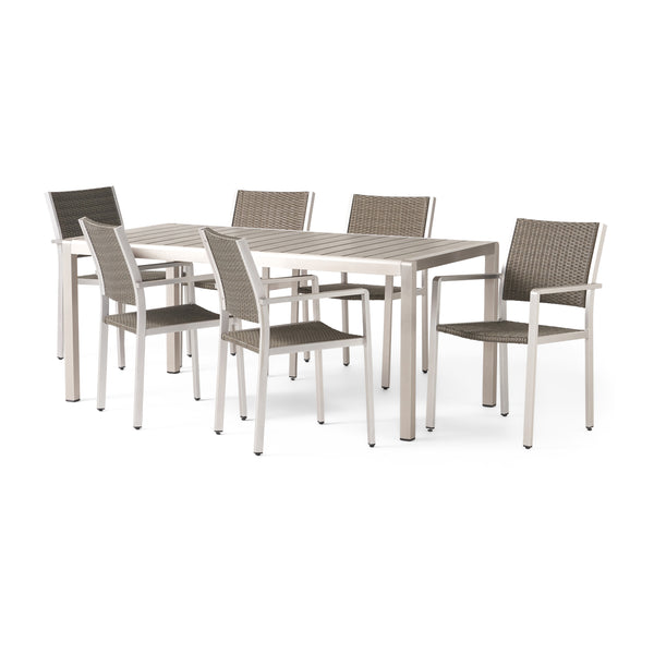 gdf studio Coral Bay Outdoor 7 Piece Aluminum and Wicker Dining Set with Faux Wood Table Top