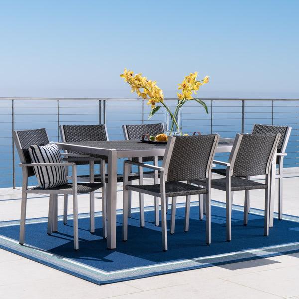 Gdf Studio Coral Bay Outdoor 7Pc Aluminum Dining Set W/ Wicker Top