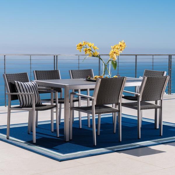 Gdf Studio Coral Bay Outdoor 7Pc Grey Aluminum Dining Set W/ Glass Table Top