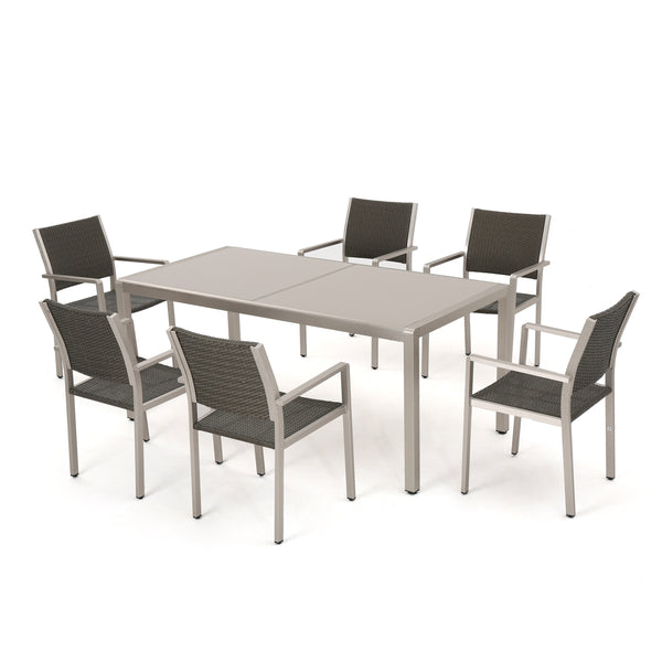 gdf studio Coral Bay Outdoor 7Pc Grey Aluminum Dining Set w/ Glass Table Top