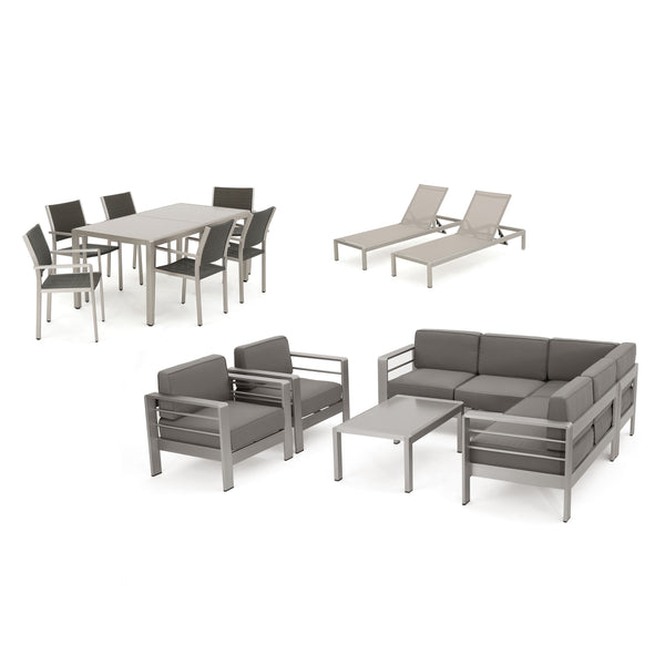 gdf studio Coral Bay Outdoor Glass Dining Set with Sofa Set Club Chairs & Lounges
