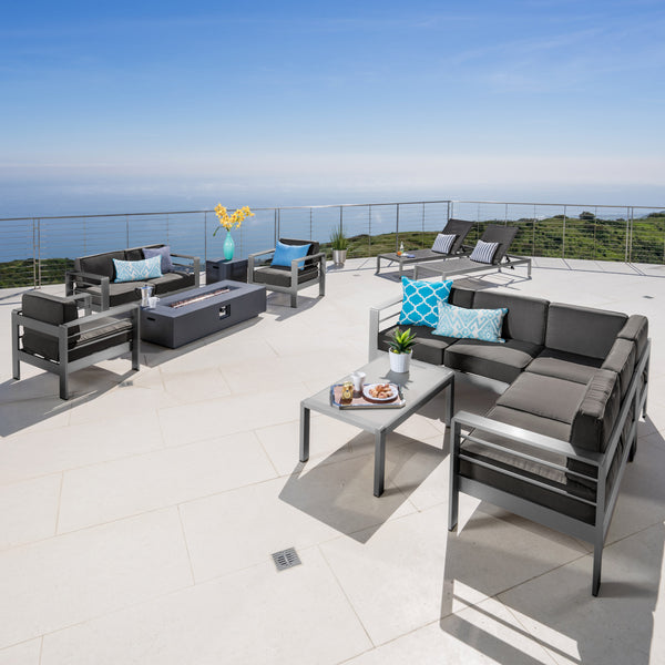 Gdf Studio Coral Bay Outdoor Gray Aluminum 11 Piece Estate Patio Collection With Firepit