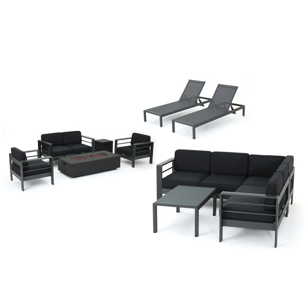 gdf studio Coral Bay Outdoor Gray Aluminum 11 Piece Estate Patio Collection with Firepit