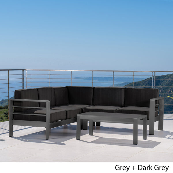 Gdf Studio Coral Bay Outdoor Gray Aluminum 4 Piece V-Shape Sectional Sofa Set