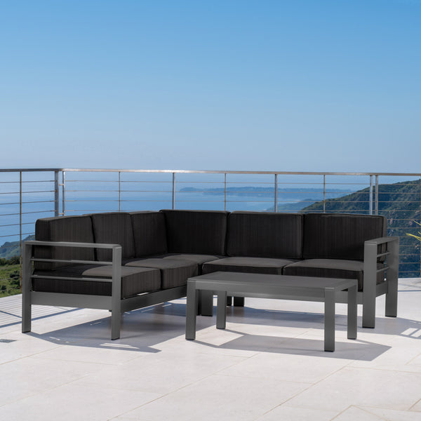 Gdf Studio Coral Bay Outdoor Gray Aluminum 4 Piece V-Shape Sectional Sofa Set