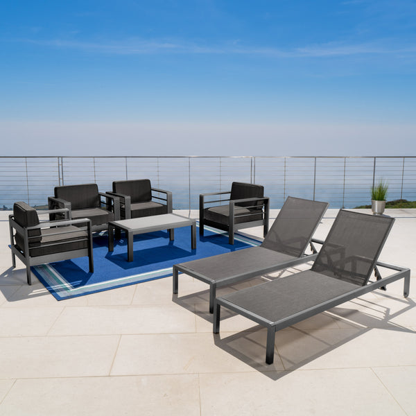 Gdf Studio Coral Bay Outdoor Gray Aluminum 7 Piece Chat Set With Pair Of Lounges