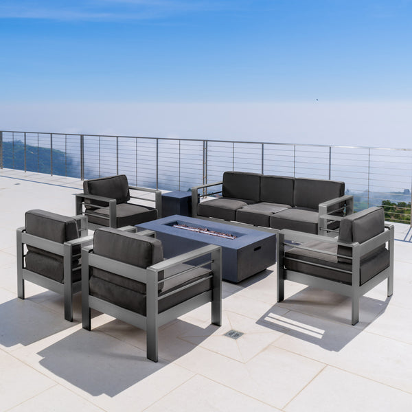 Gdf Studio Coral Bay Outdoor Gray Aluminum 7 Piece Sofa Chat Set With Fire Table