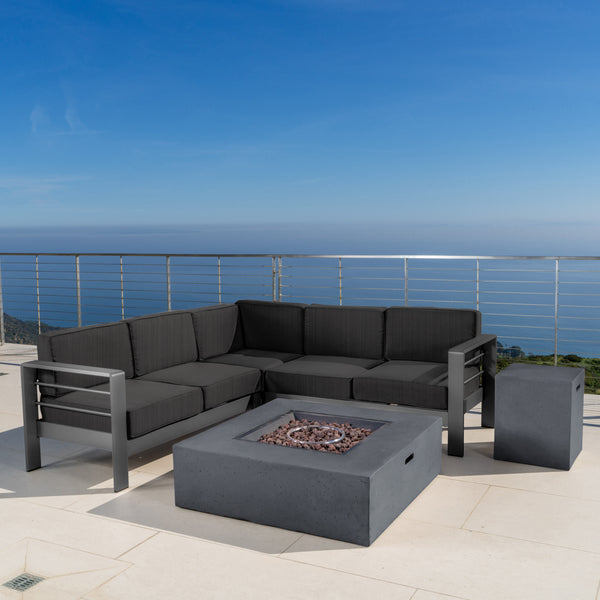Gdf Studio Coral Bay Outdoor Grey Aluminum 5 Piece V-Shape Sectional Sofa Set With Fire Table