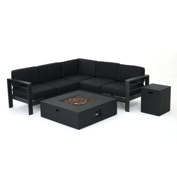 gdf studio Coral Bay Outdoor Grey Aluminum 5 Piece V-Shape Sectional Sofa Set with Fire Table