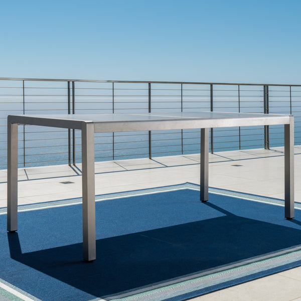 Gdf Studio Coral Bay Outdoor Grey Aluminum Dining Table With Tempered Glass Top