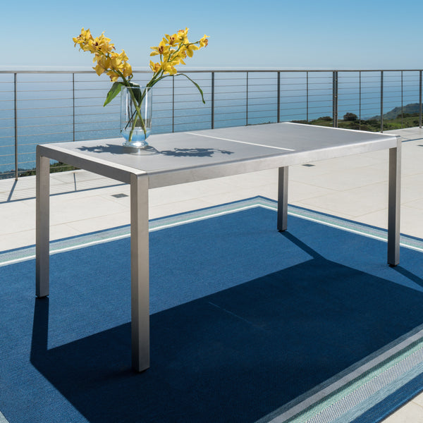 Gdf Studio Coral Bay Outdoor Grey Aluminum Dining Table With Tempered Glass Top