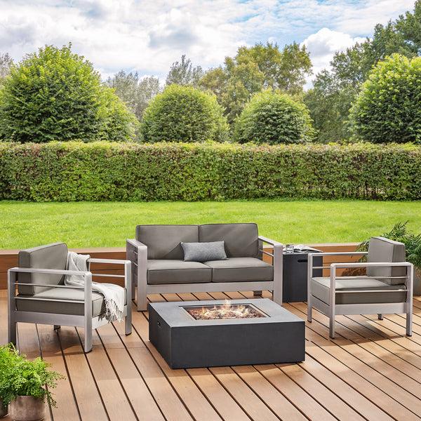 Gdf Studio Coral Outdoor Aluminum 4 Seater Chat Set With Fire Pit