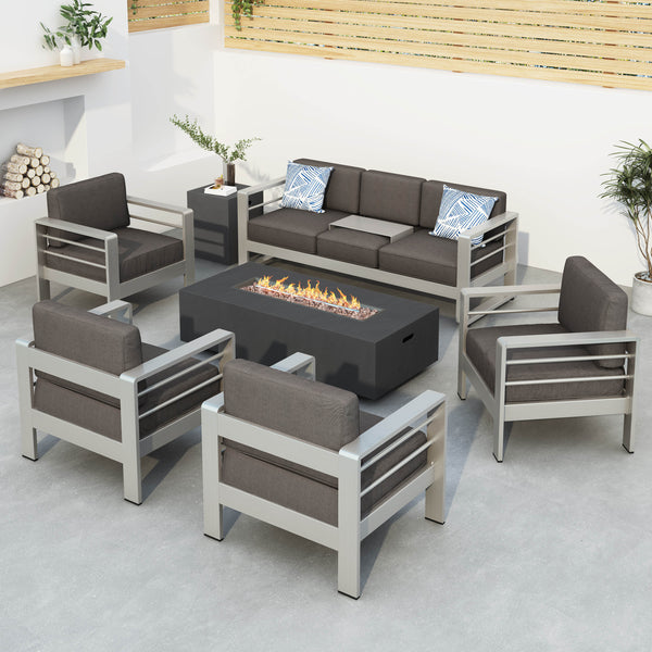 Gdf Studio Coral Outdoor Aluminum 7 Seater Chat Set With Fire Pit