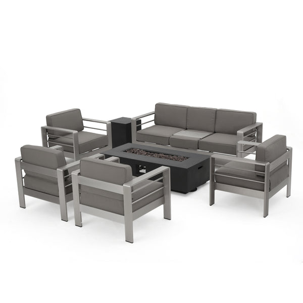 gdf studio Coral Outdoor Aluminum 7 Seater Chat Set with Fire Pit