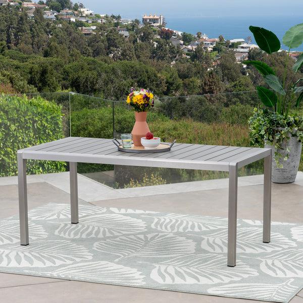Gdf Studio Coral Outdoor Aluminum Dining Table With Faux Wood Top Gray Finish