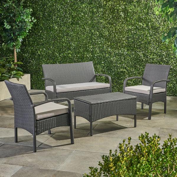 Gdf Studio Cordyline Outdoor 4Pc Wicker Chat Set W/ Water Resistant Cushions
