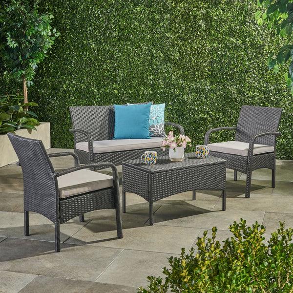 Gdf Studio Cordyline Outdoor 4Pc Wicker Chat Set W/ Water Resistant Cushions