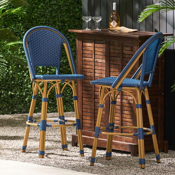 gdf studio Cotterell Outdoor French Wicker and Aluminum 29.5 Inch Barstools Set of 2