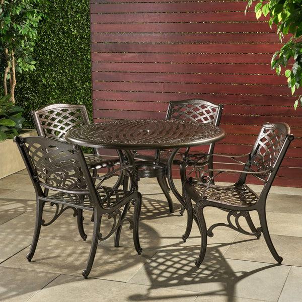 Gdf Studio Covington Outdoor 5-Piece Bronze Cast Aluminum Dining Set With Umbrella Hole