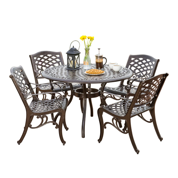 gdf studio Covington Outdoor 5-Piece Bronze Cast Aluminum Dining Set with Umbrella Hole