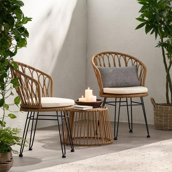 Gdf Studio Cowen Outdoor Wicker 3 Piece Chat Set With Cushions Light Brown Black And Beige