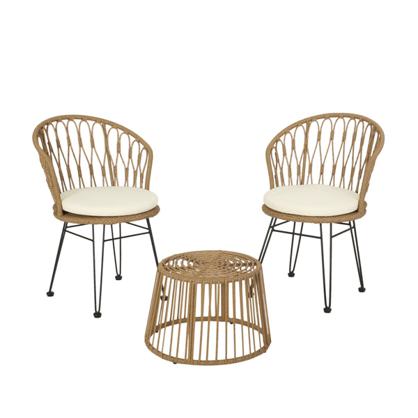 gdf studio Cowen Outdoor Wicker 3 Piece Chat Set with Cushions Light Brown Black and Beige